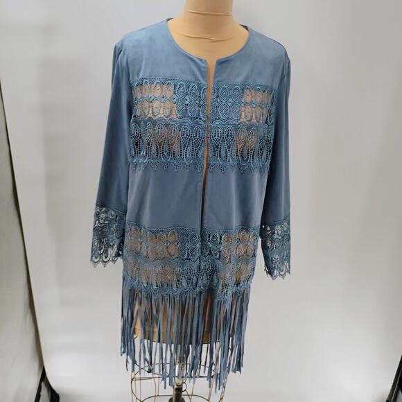 Chicos 0 Womens Open Lace And Fringe Steel Blue Faux Suede Cardigan Sz 2 NWOT - Picture 11 of 16